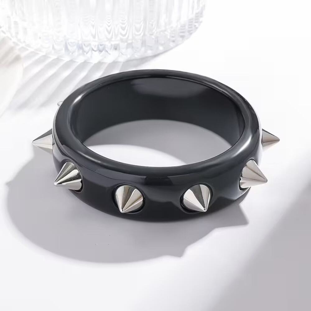 Black Studded Resin Bangle Bracelet – Silver Cone Spike Punk Statement Cuff